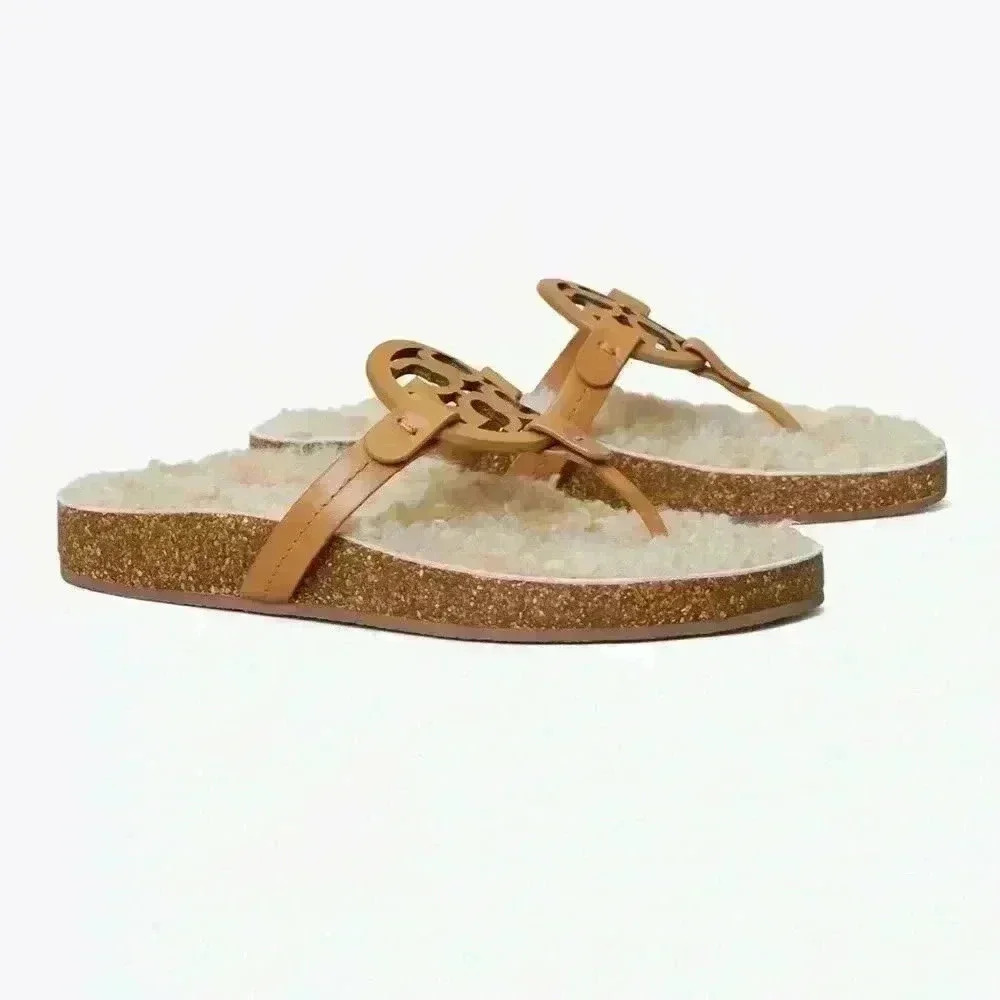 Tory Burch Miller Cloud Shearling Sandals, caramel, size 7.5